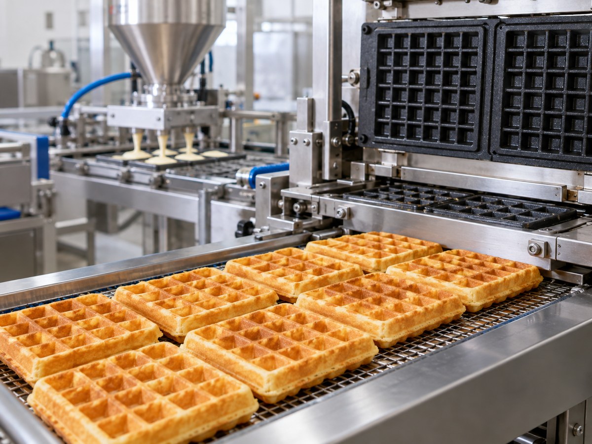 American-style grid waffles on an industrial waffle line