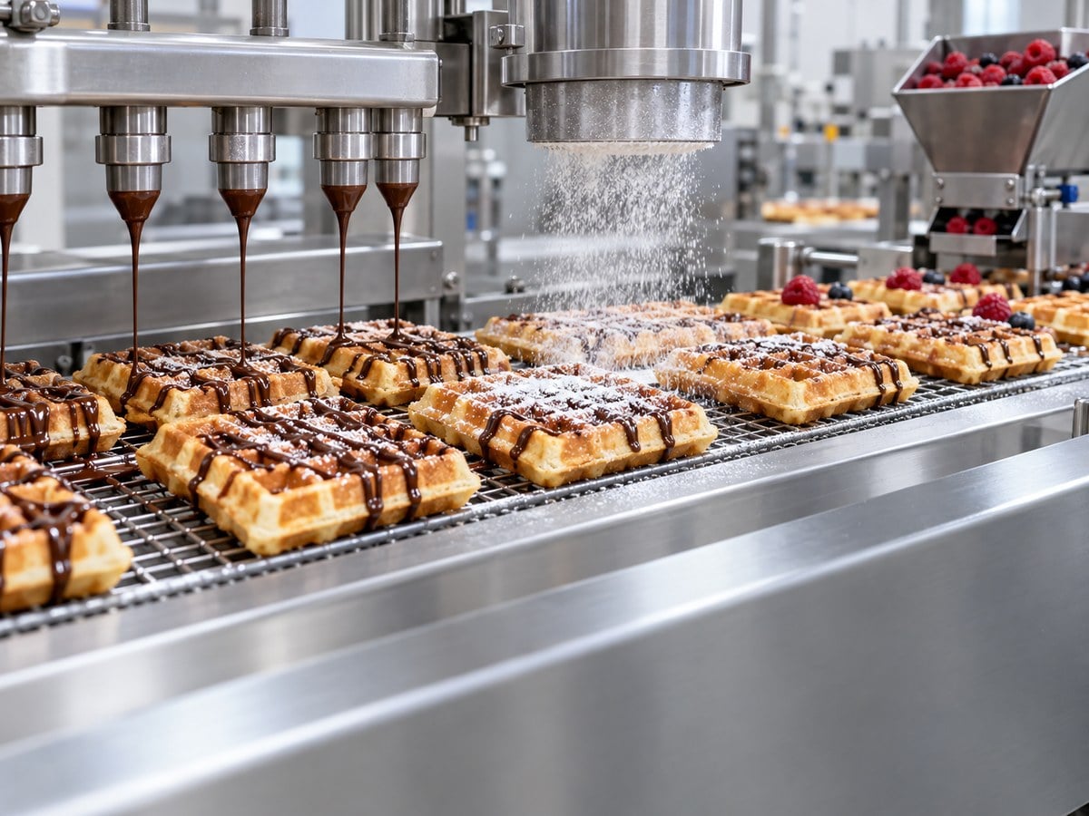 Waffles receiving controlled topping on an industrial finishing line