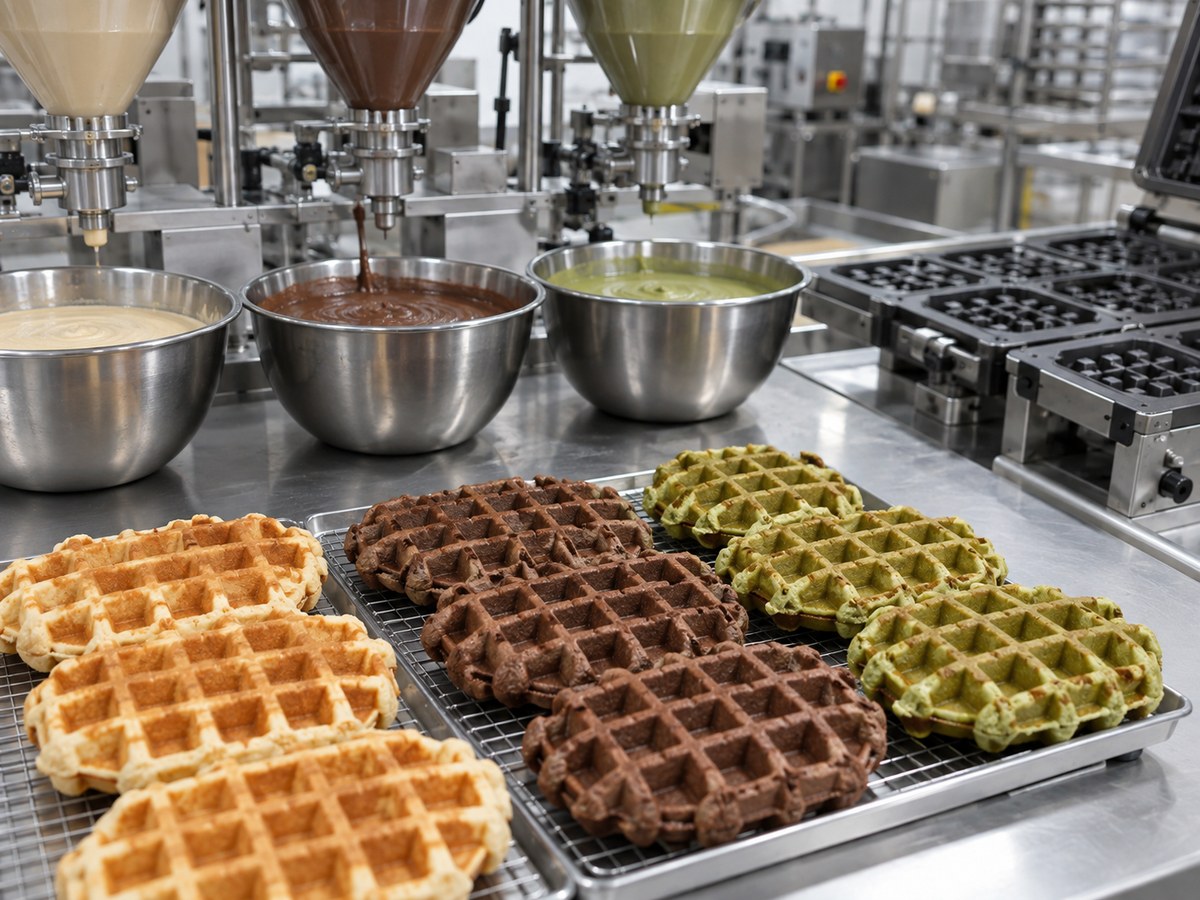 Flavor-defined waffle batters and finished waffles in production testing