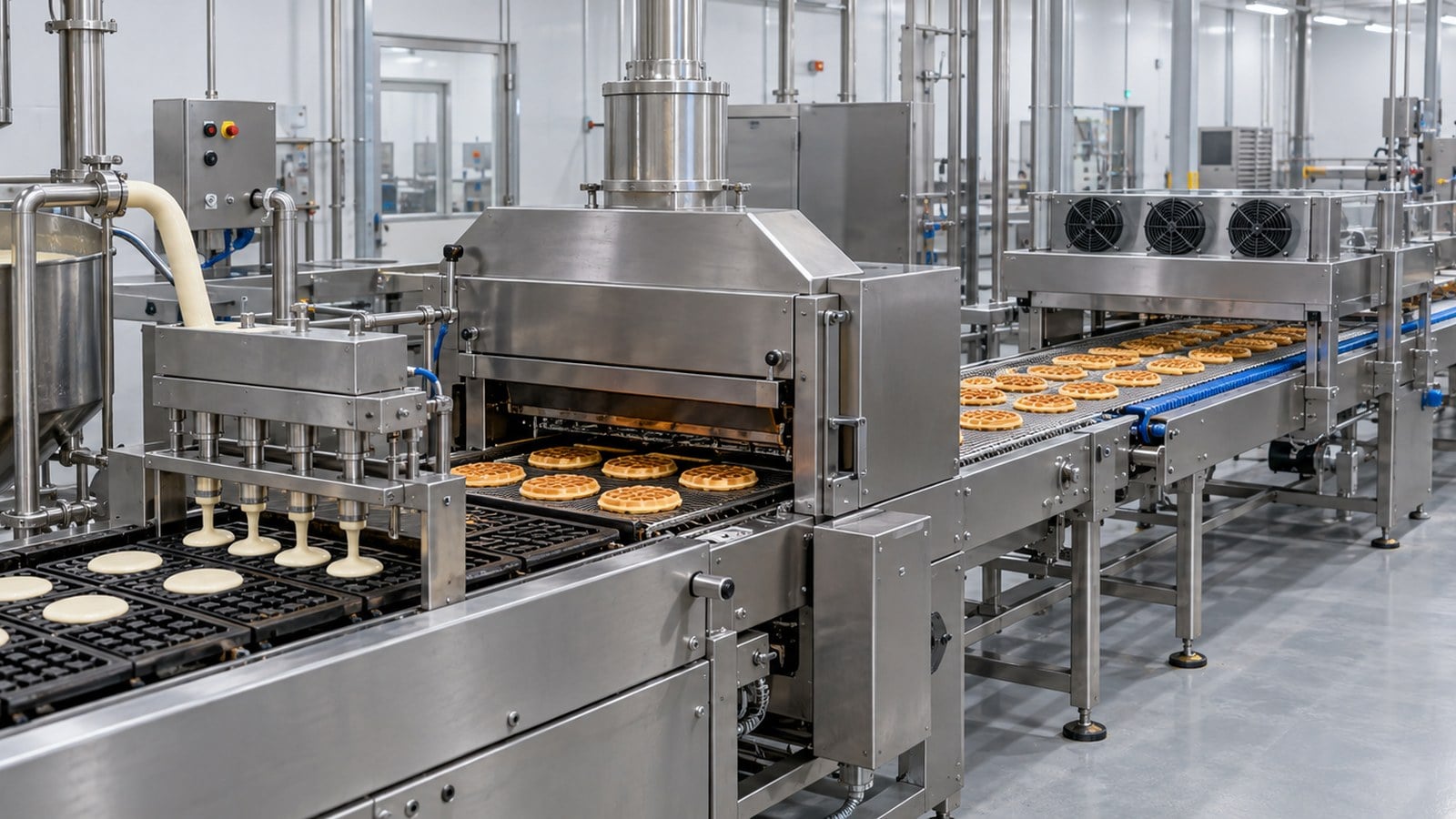 Complete industrial waffle production line with batter feed and conveyors