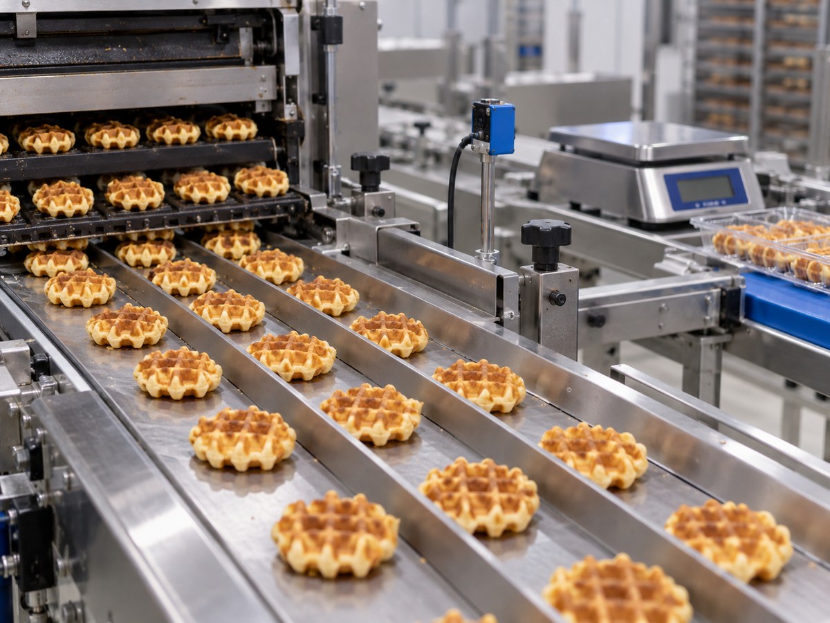 Mini waffles arranged for portion control on a conveyor line