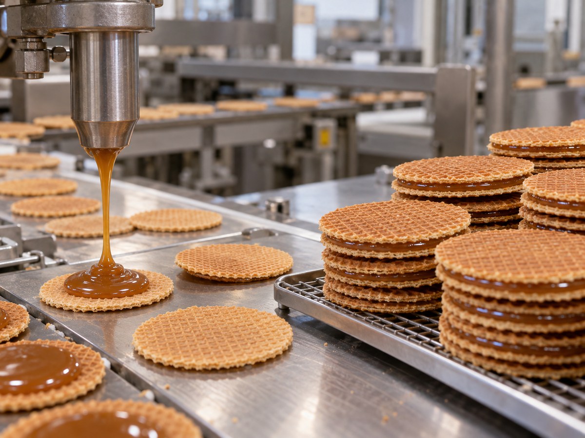 Stroopwafels with caramel filling on a production line