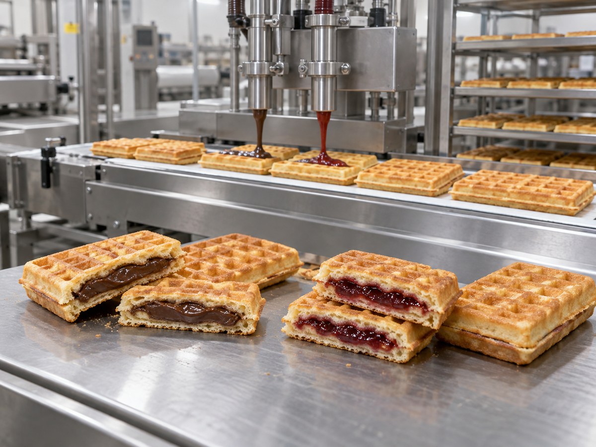 Stuffed waffles with controlled filling on an industrial line