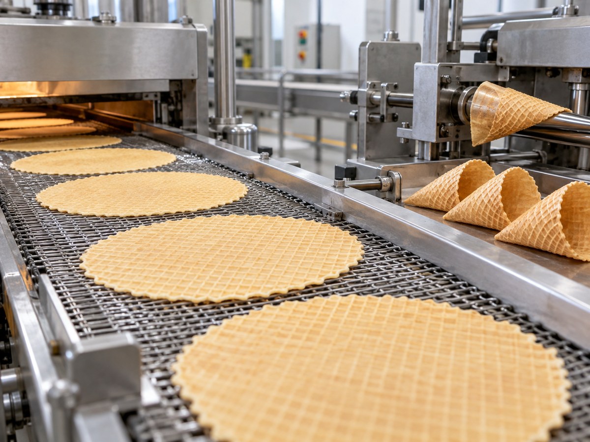 Thin crisp wafer sheets and cone blanks on a production line