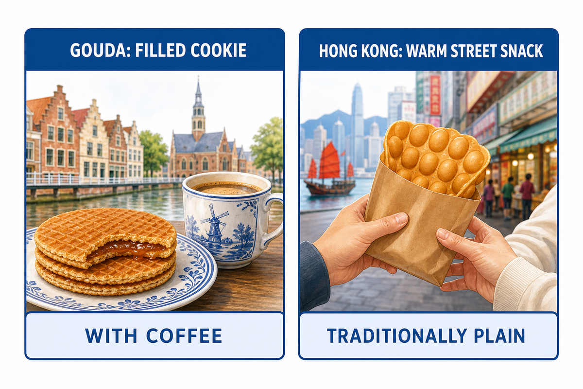 Two different ways to eat a waffle: Gouda and Hong Kong