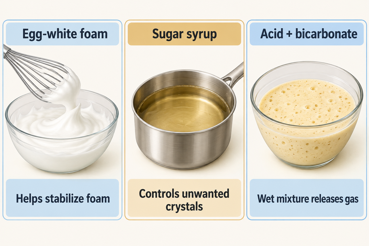 Cream of tartar stabilizes egg foams, limits unwanted sugar crystals and reacts with bicarbonate when wetted.