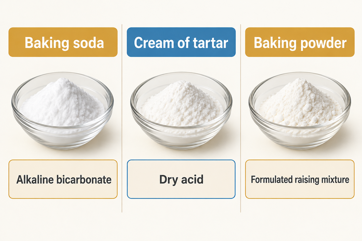 Baking soda supplies bicarbonate, cream of tartar supplies acid and baking powder combines a raising system.