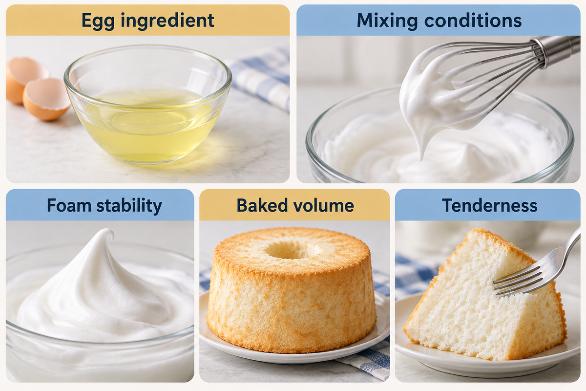 Check both foam stability and baked cake volume and tenderness; fixed acid does not erase egg or mixing differences.