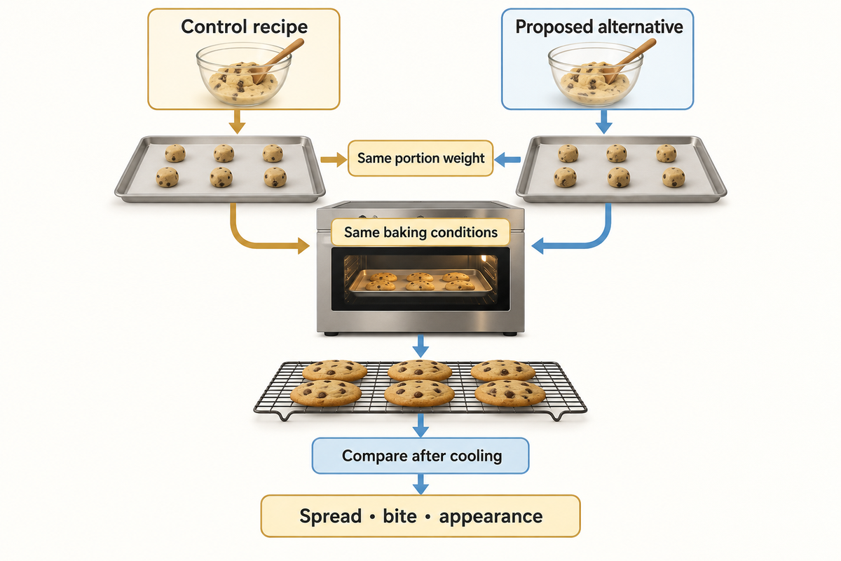 Cookie substitution trials keep portion weight and baking conditions fixed, then compare spread and bite after cooling.