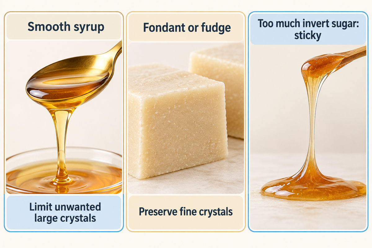 Smooth syrup limits unwanted crystals; fondant and fudge need fine crystals, while excess invert sugar can cause stickiness.