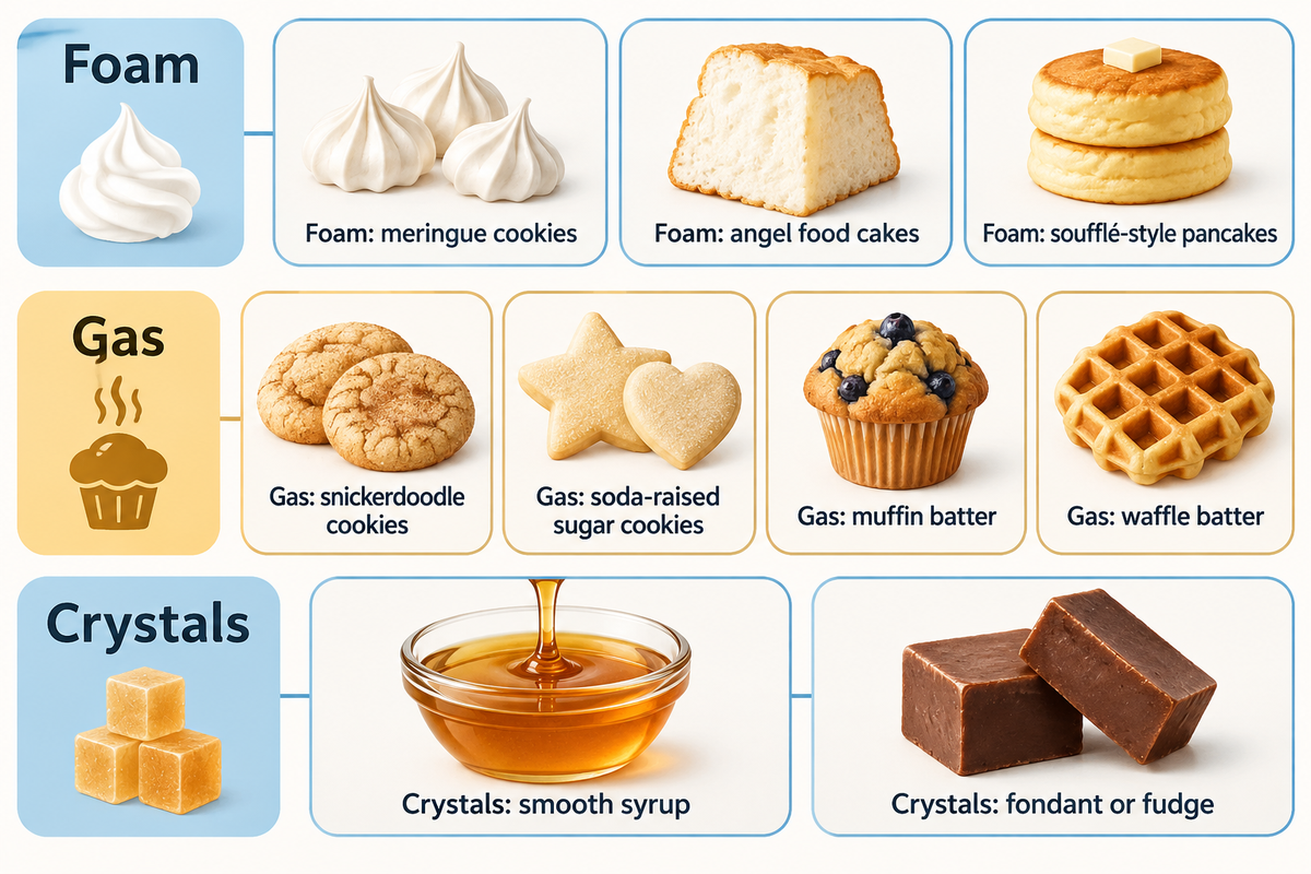 Choose cream of tartar substitutes by foam, gas or crystal-control function across the nine recipe examples.