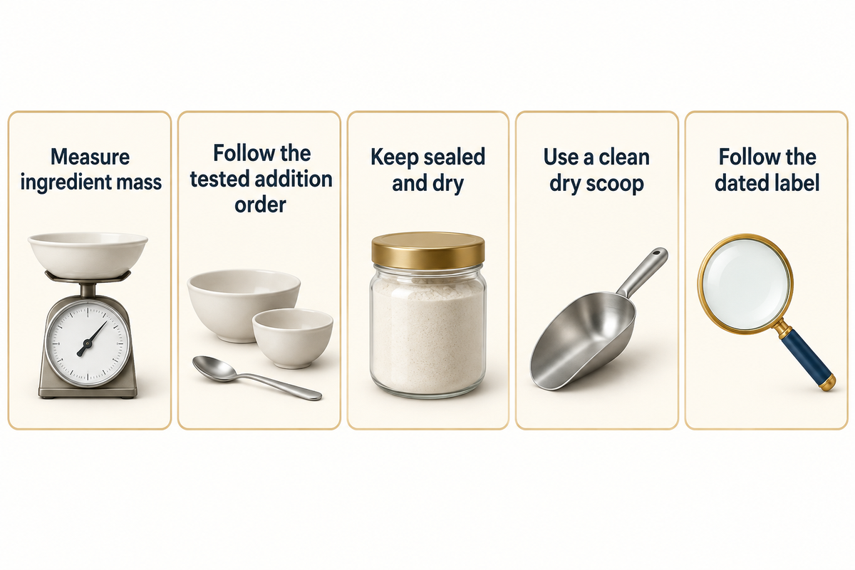 Weigh cream of tartar consistently, follow the tested addition order and store it sealed and dry under the supplier label.