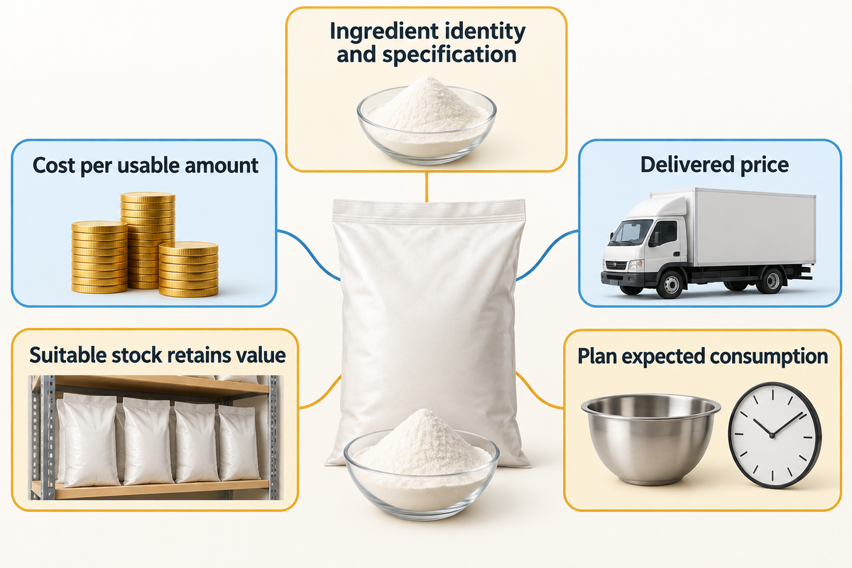 Compare delivered cost per usable amount; suitable ingredient stock retained for later production still has value.