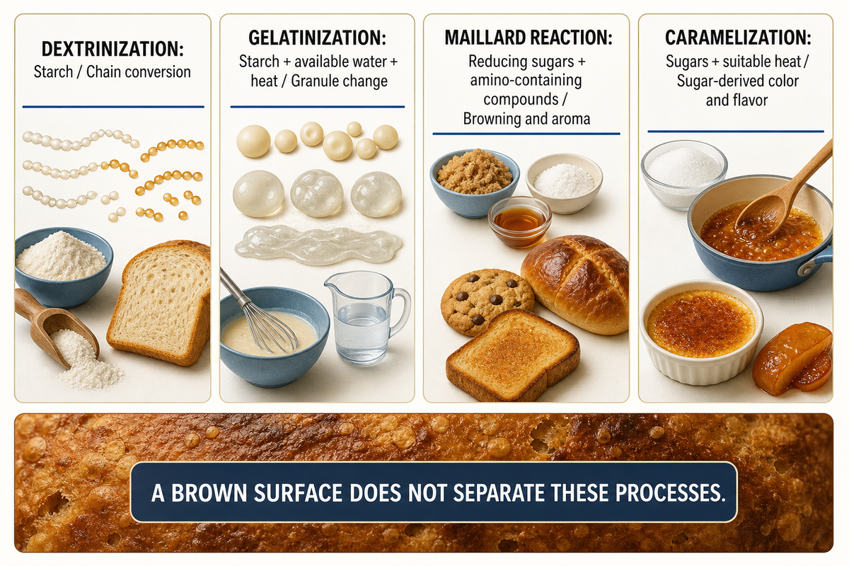 Four processes have different requirements; ASB explains gelatinization, and the roux study distinguishes browning causes.