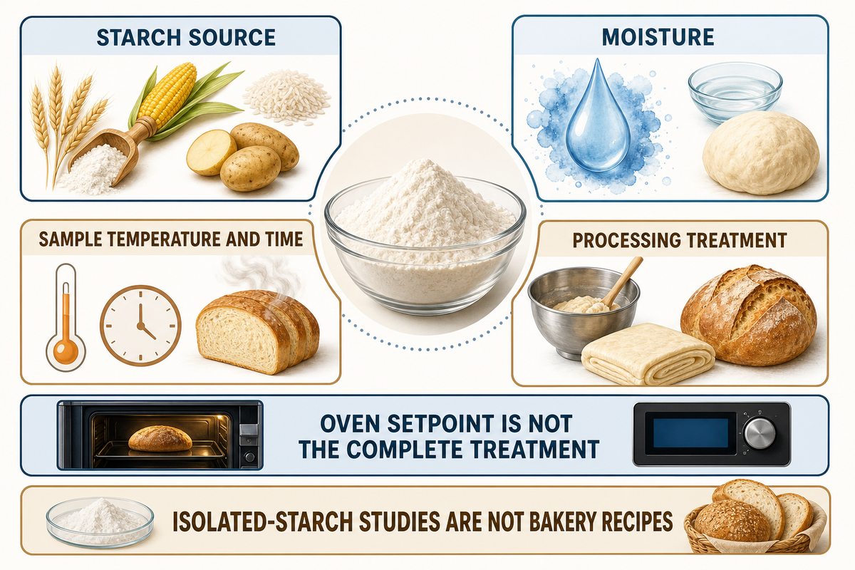 Dextrinization depends on material and treatment history; Tsatsop's isolated-starch conditions are not a bakery recipe.