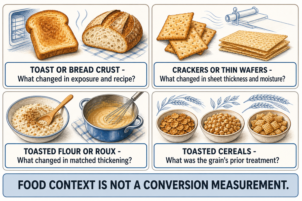 Toast, wafers, roux and toasted cereals raise different process questions; their appearance alone does not measure conversion.