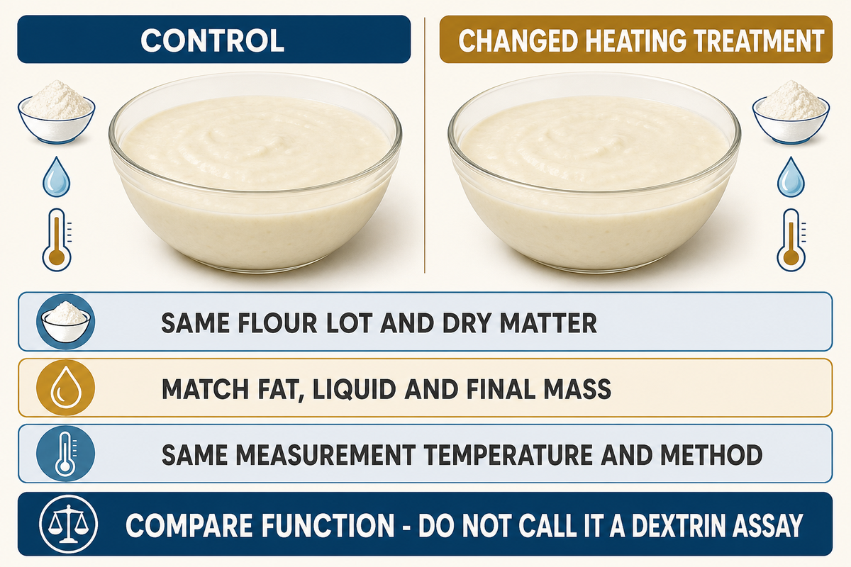 Equal-solids trials match material and measurement conditions; the editorial trial outline is not a validated dextrin assay.