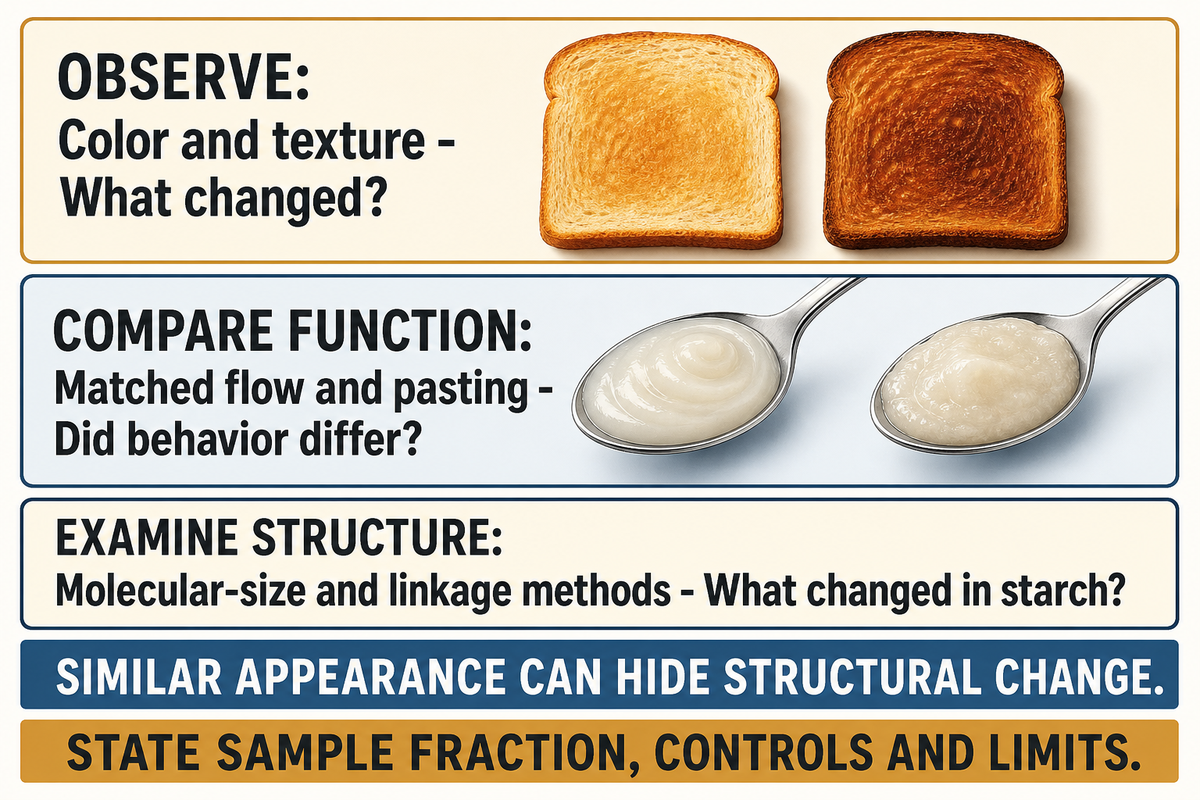 Bai's pyrodextrins retained a similar microscopic appearance despite structural change; method choice limits conclusions.