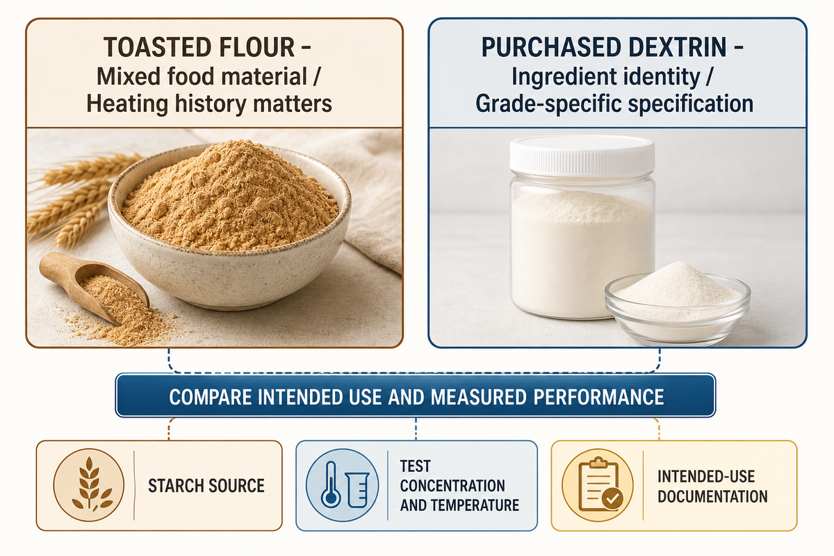 Purchased dextrin and toasted flour need separate identity and performance checks; FDA's definition is not a batch approval.