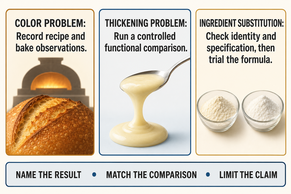Choose the next check by problem: bake observations, matched thickening comparison, or ingredient identity and specification.