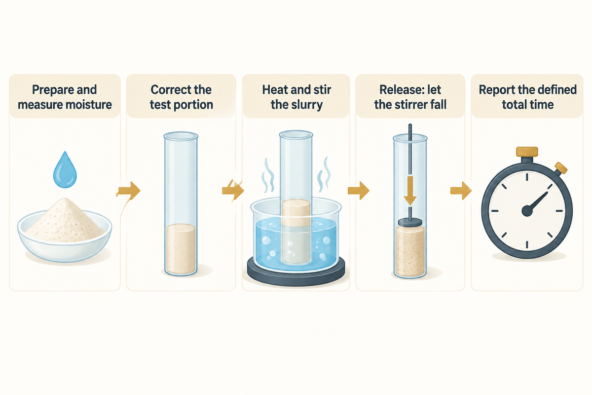 Falling Number procedure from moisture-corrected preparation through stirring, release and total timing.