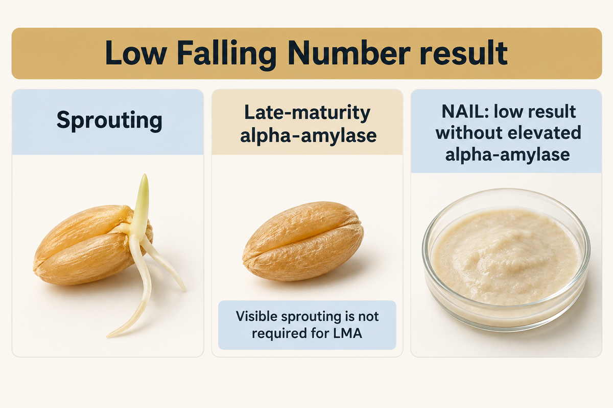 Distinct sprouting, late-maturity alpha-amylase and NAIL mechanisms behind a low Falling Number.