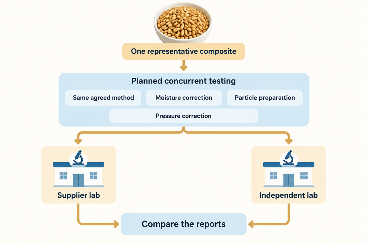 Proposed same-method split-sample route with moisture, particle preparation and pressure conditions.