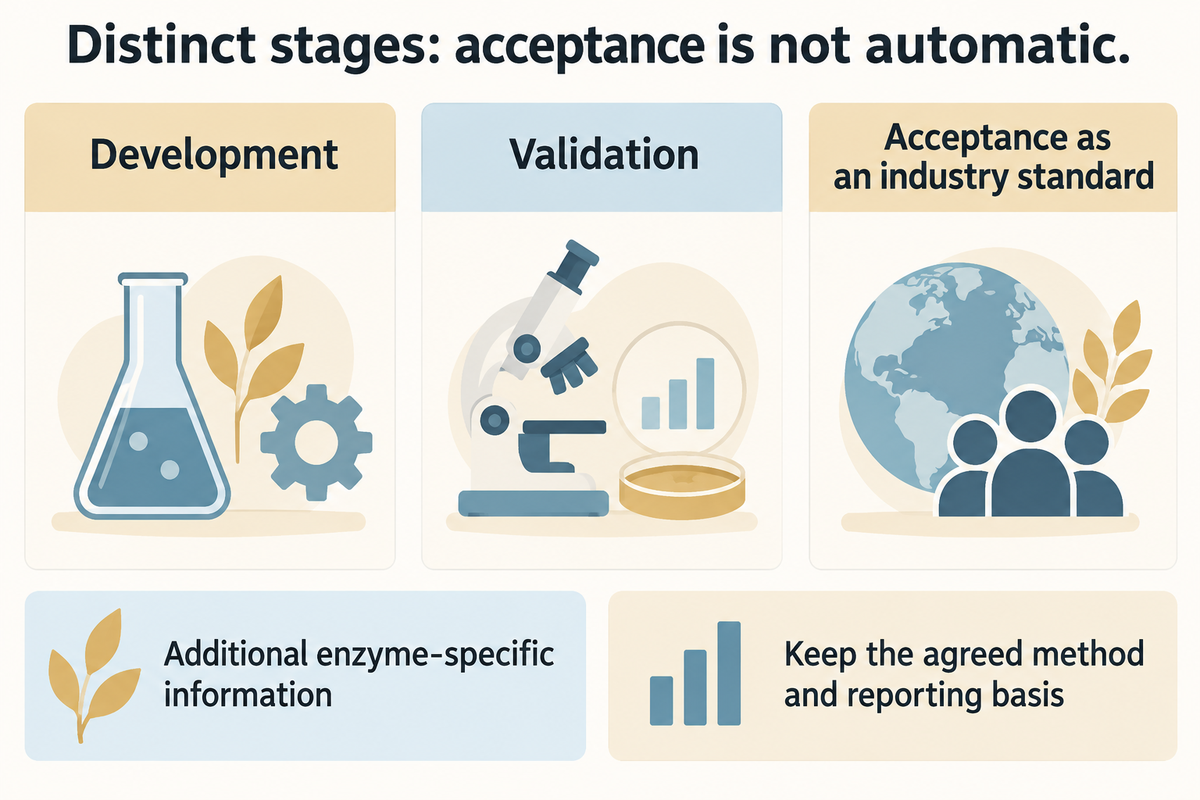 Diagnostic development, validation and standard acceptance kept distinct from the agreed laboratory method.