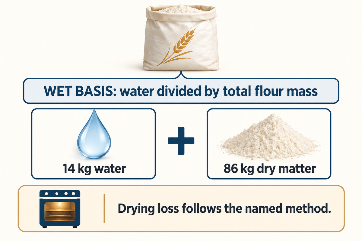 A hypothetical 100 kg flour lot at 14% wet-basis moisture has 14 kg water and 86 kg dry matter (Purdue).