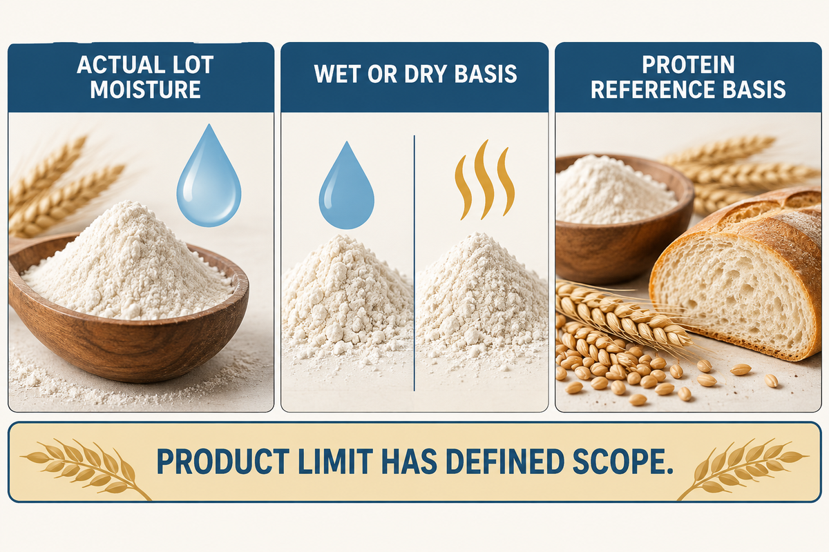 Compare actual lot moisture on the same basis; protein reference basis is separate (Purdue; Canadian Grain Commission).