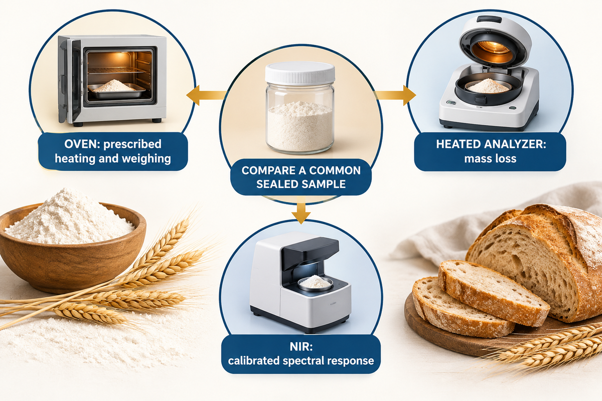 Oven and heated analyzers use mass loss; NIR needs calibration; compare a common sealed sample (ISO; CGC; Chen).