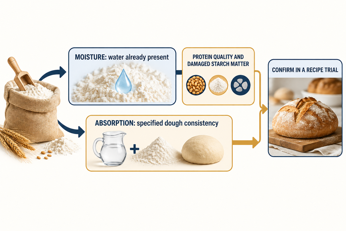 Flour moisture is water already present; absorption needs a separate functional test and recipe trial (CGC; USDA).