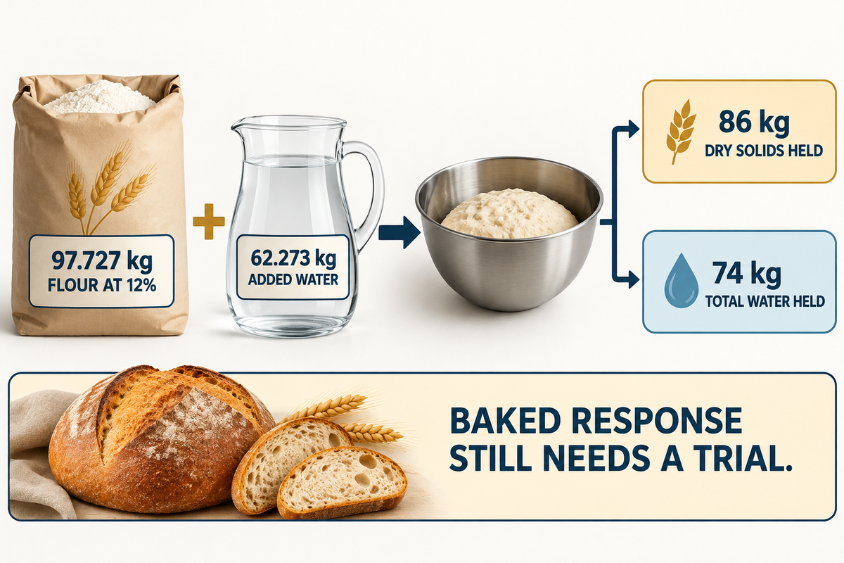 A hypothetical batch holds 86 kg dry solids and 74 kg water with 97.727 kg flour and 62.273 kg added water (UF/IFAS method).