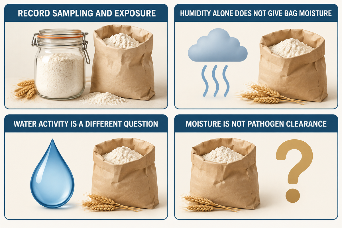 Flour sample history affects moisture comparison; humidity, water activity and pathogen safety differ (Han; FDA).