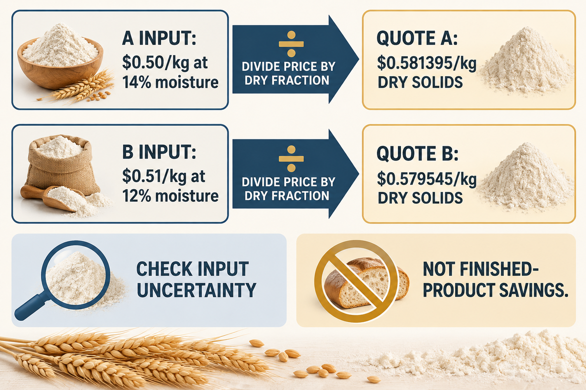 Hypothetical B is 0.32% cheaper per kg dry solids; sampling uncertainty may erase the edge (article calculation; NIST).
