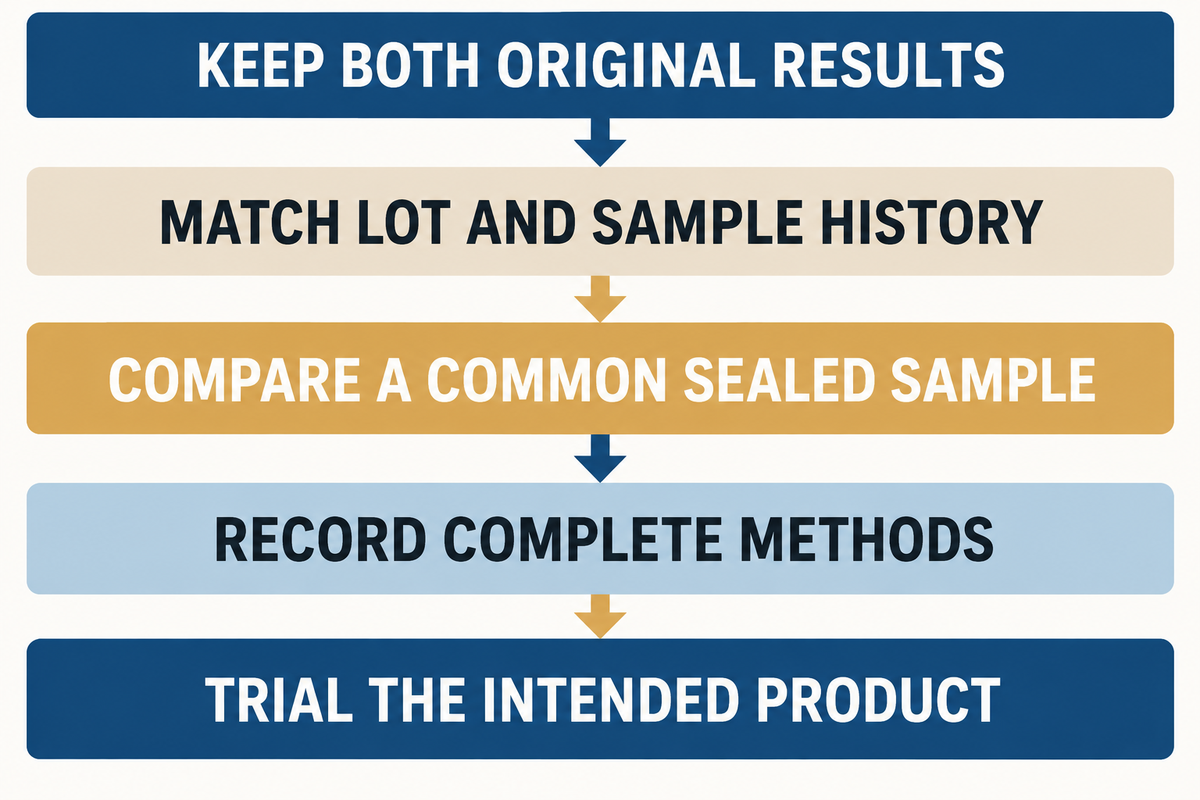 Keep both flour readings; reconcile lot, sample and method before a product trial (CGC; hypothetical comparison).
