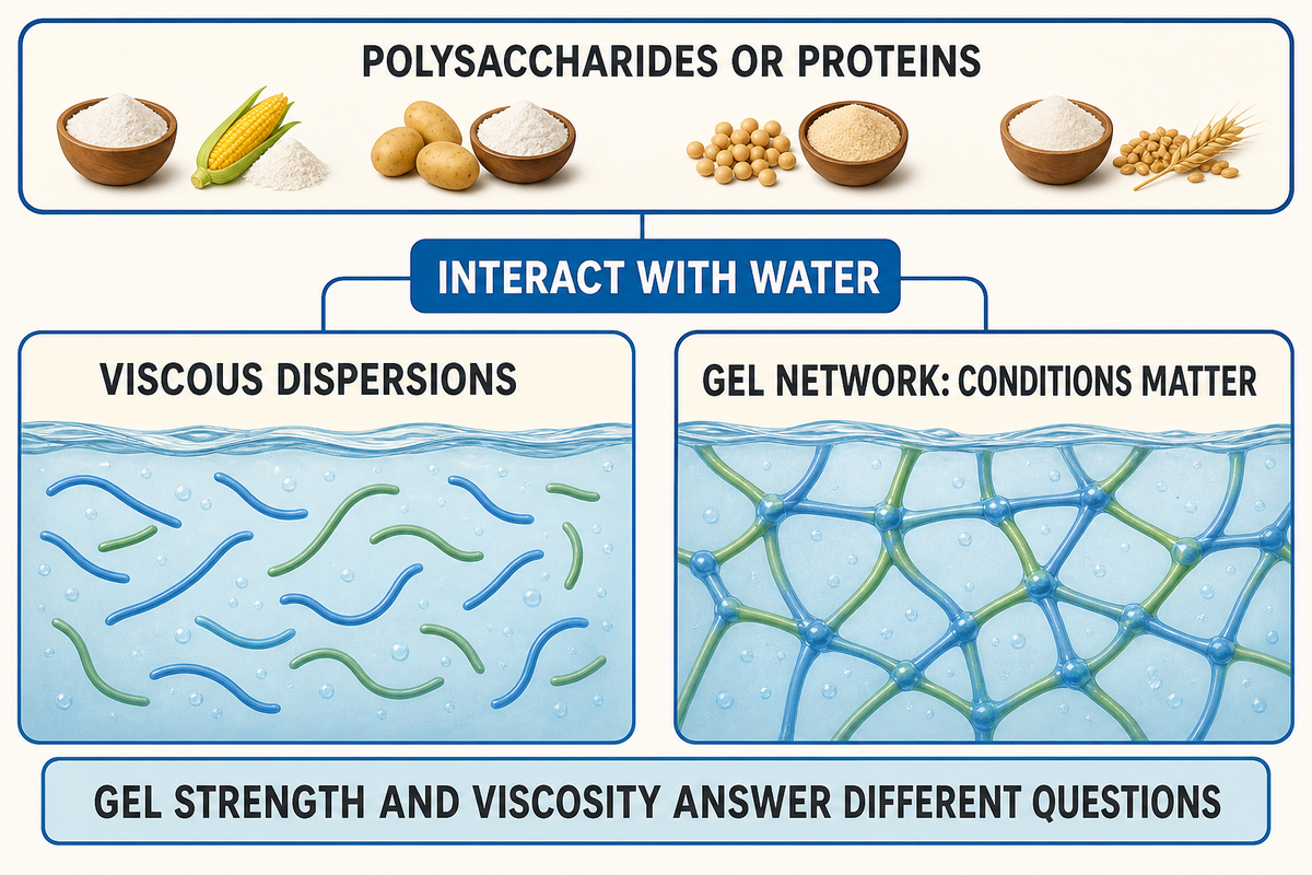 Food hydrocolloids interact with water; a viscous dispersion and a gel network require different performance checks.