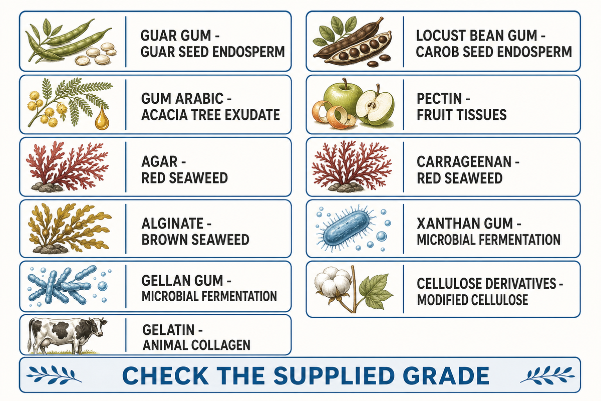 Eleven hydrocolloid ingredient families mapped to their sources or processing routes; origin does not replace a grade specification.