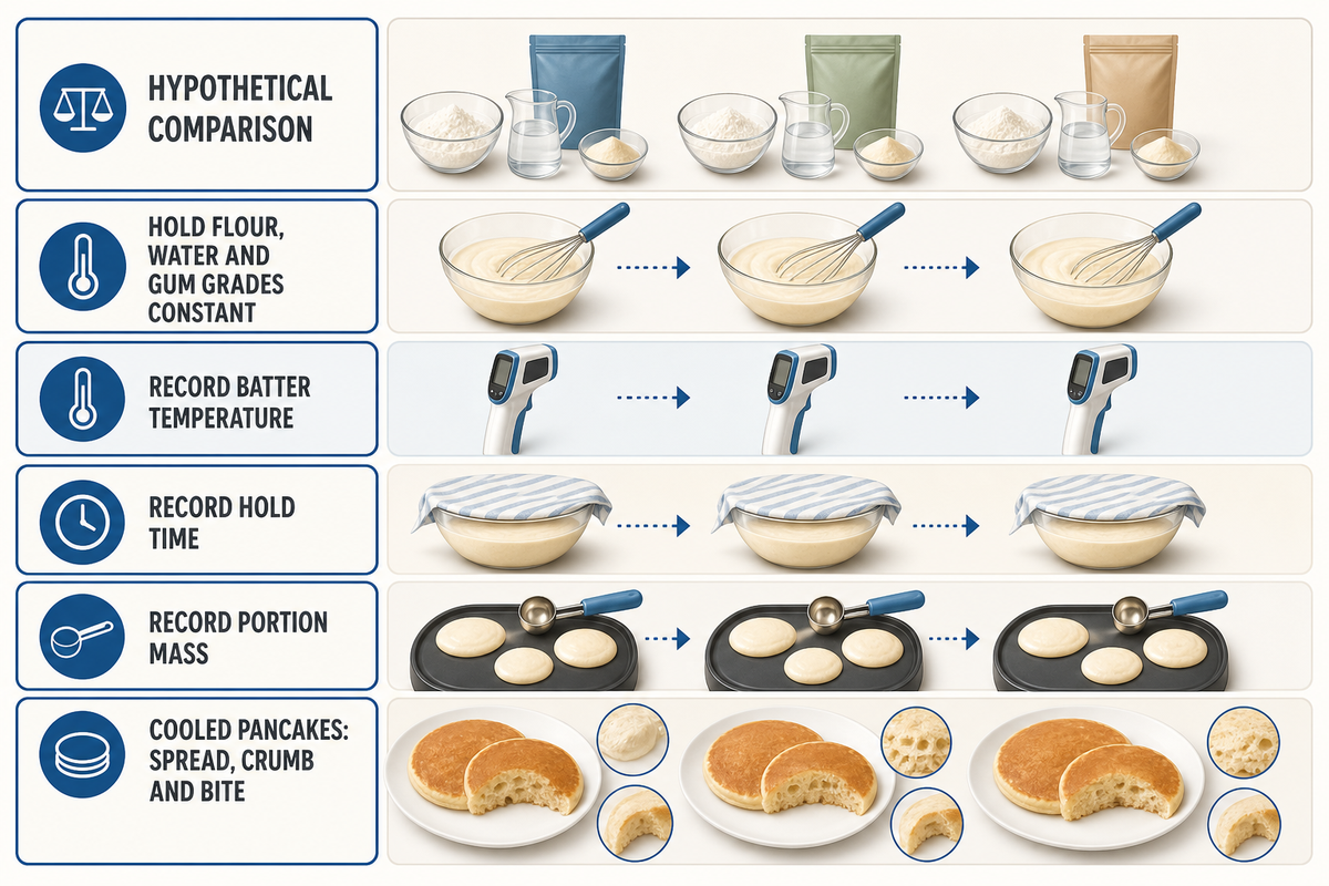 A hypothetical batter comparison holds ingredient grades constant and observes temperature, hold time, portion mass and cooled pancake properties.