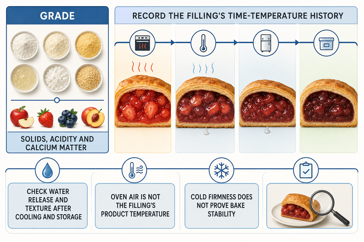 Fruit-filling evaluation records grade, recipe conditions and actual product thermal history, then checks texture and water release after cooling and storage.