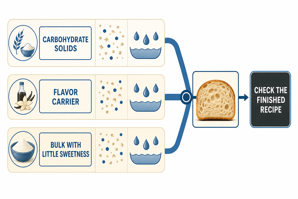 Maltodextrin supplies solids and carrier functions; actual recipe performance still needs a bake trial.