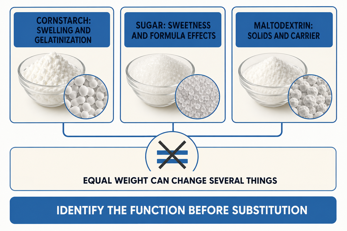 Cornstarch gelatinization, sugar sweetness and maltodextrin carrier functions are not equal-weight equivalents.
