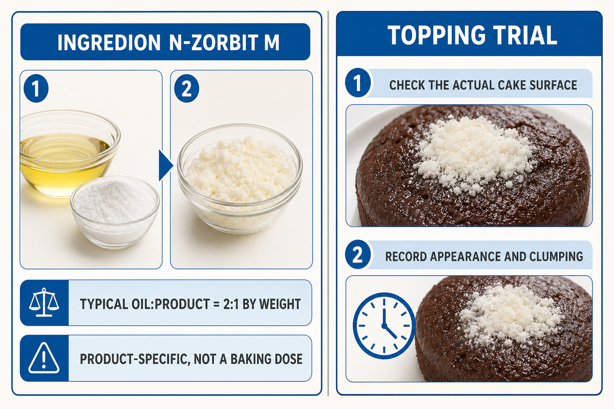 Ingredion N-ZORBIT M has a typical 2:1 oil-to-product weight ratio; finished topping stability requires testing.