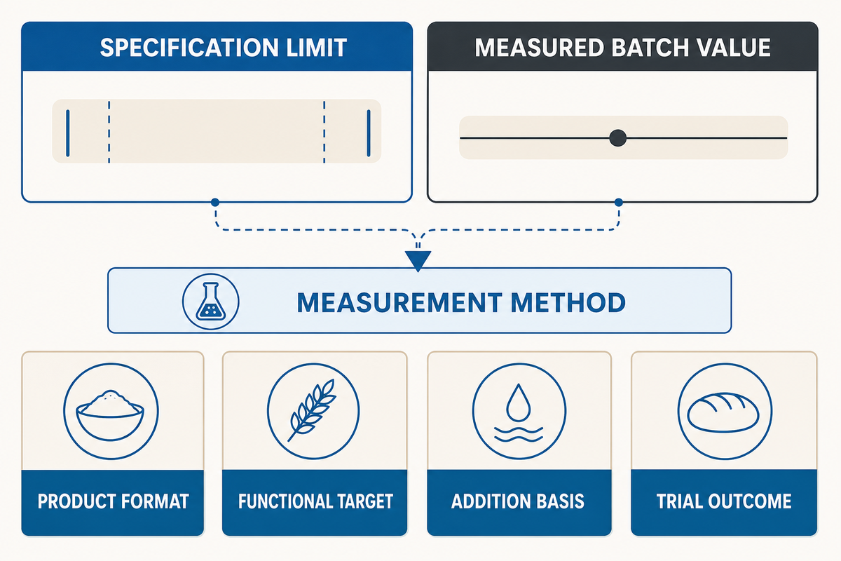 Keep specification limits separate from measured batch values, with the method and actual grade recorded.