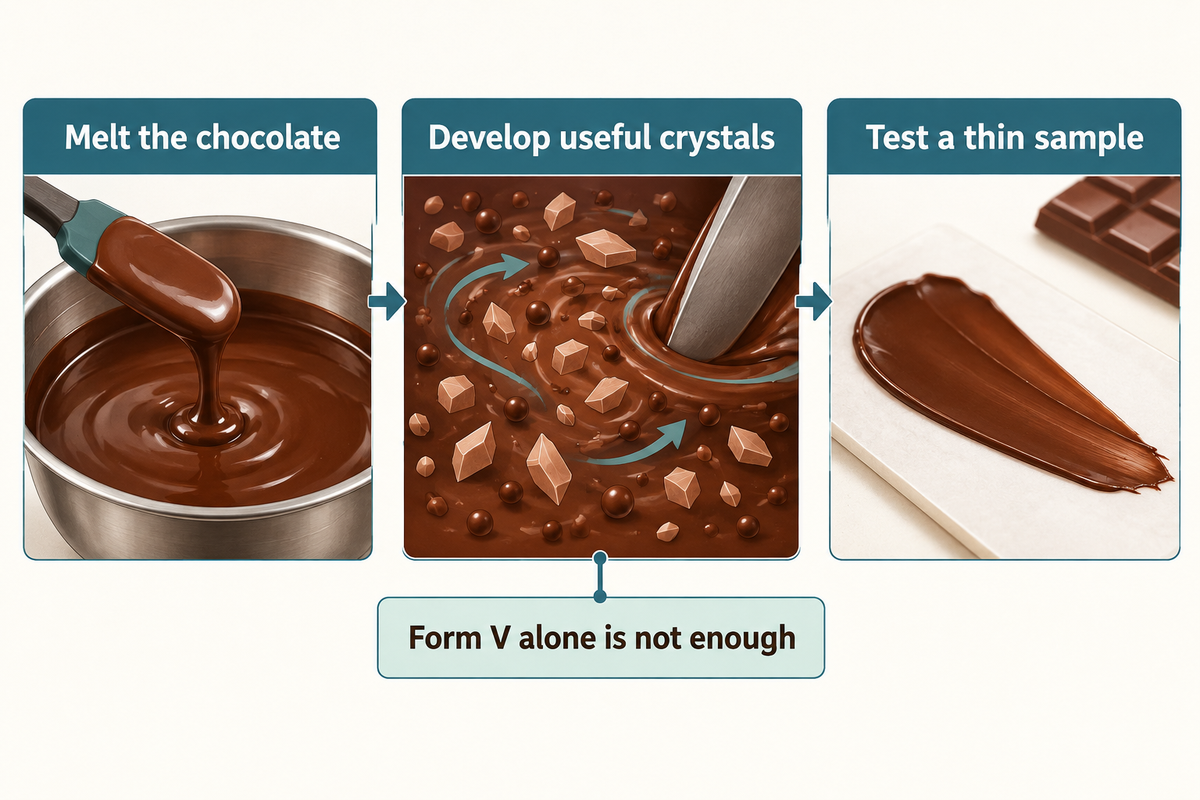 Chocolate tempering develops useful crystals and still needs a sample test