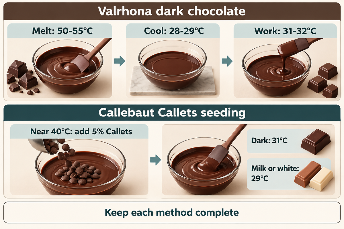 Valrhona dark curve and Callebaut Callets seeding are separate tempering methods