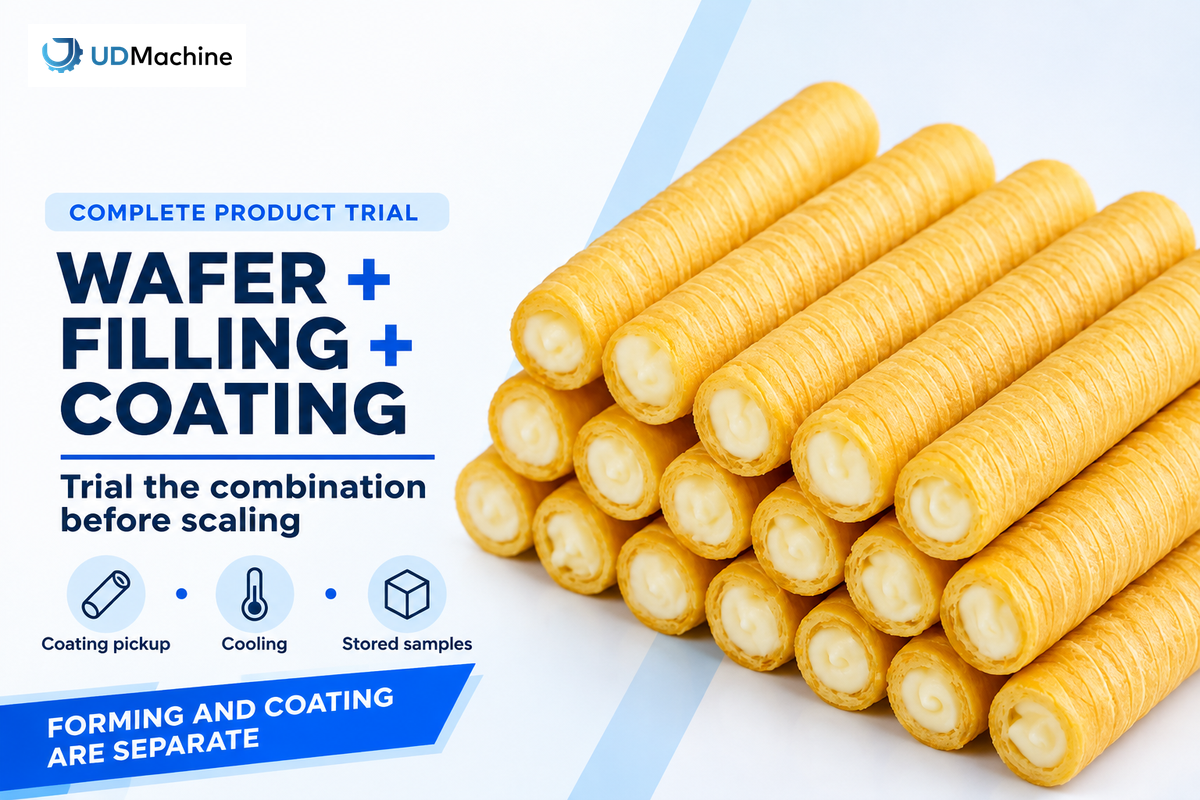 Filled wafer rolls are trialed with chocolate coating and cooling as a complete product