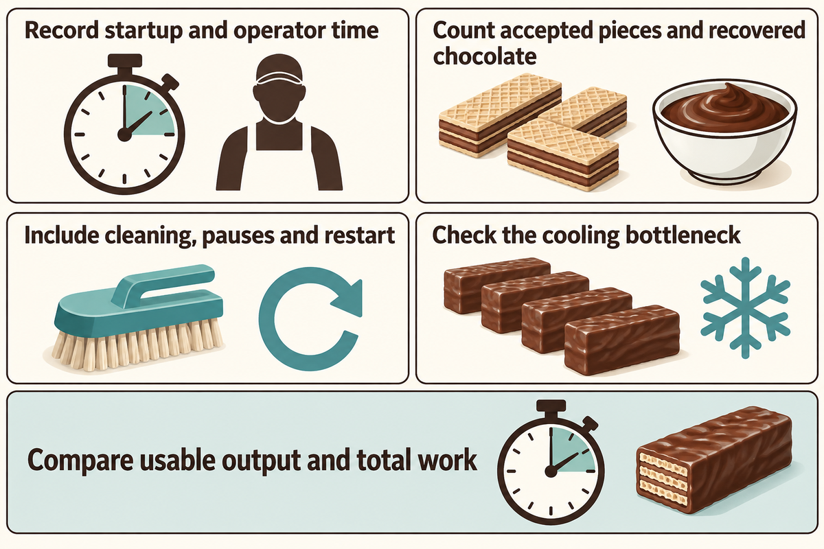 Compare tempering equipment by accepted output, labor, cleaning and cooling bottlenecks