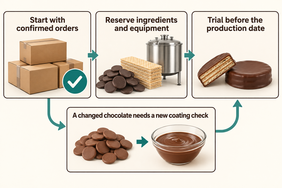 Plan chocolate coating from confirmed orders and trial substitutions before production