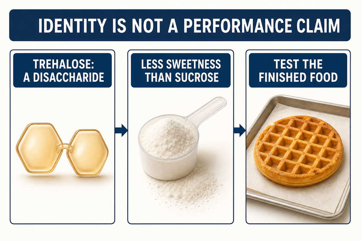 Trehalose supplies sugar solids; lower sweetness alone does not establish bakery performance (Health Canada).